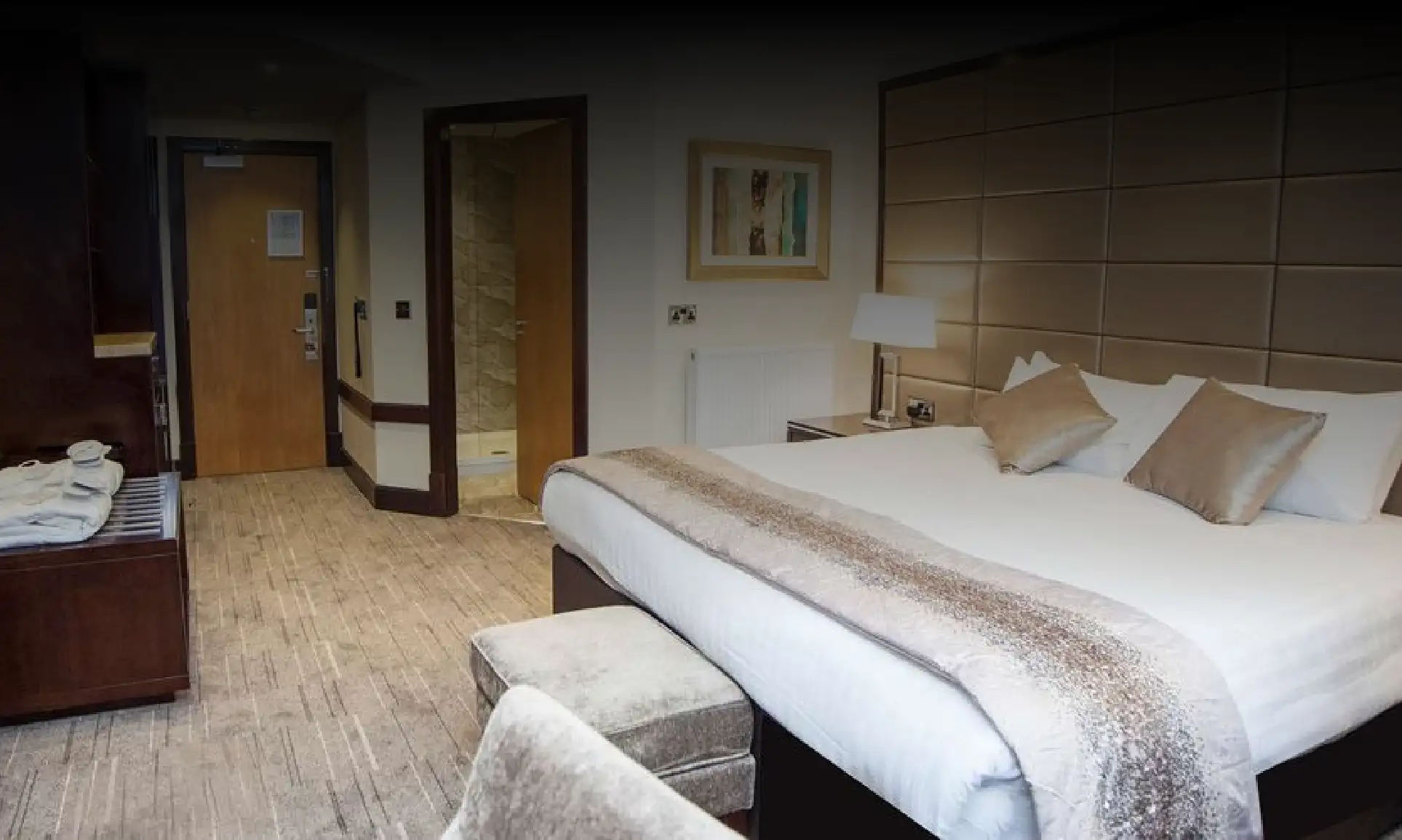 Interior of hotel room with kingsize bed